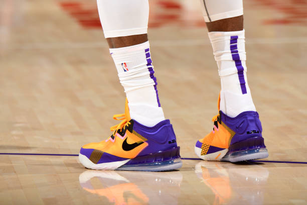 the-sneakers-worn-by-lebron-james-of-the-los-angeles-lakers-during-picture-id1232661775