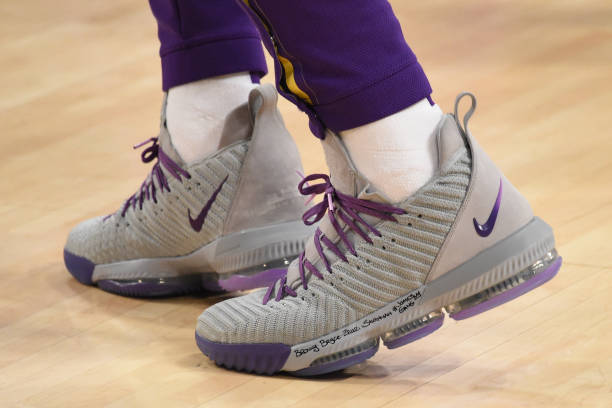 the-sneakers-of-lebron-james-of-the-los-angeles-lakers-are-worn-prior-picture-id1067726760