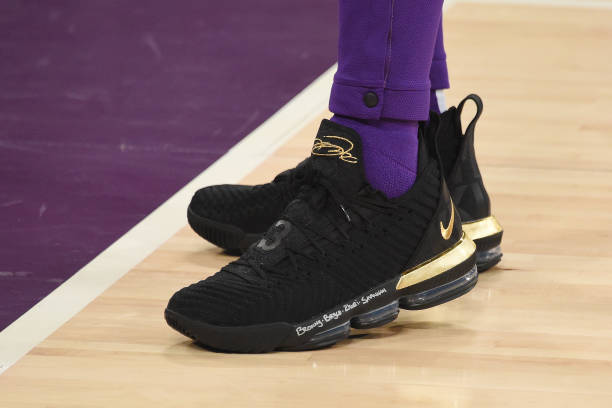 the-sneakers-of-lebron-james-of-the-los-angeles-lakers-are-seen-the-picture-id1068921182
