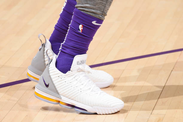 the-sneakers-of-lebron-james-of-the-los-angeles-lakers-are-seen-prior-picture-id1068912920