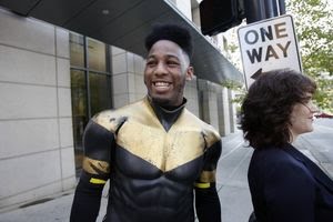 Phoenix Jones stands outside of the the King County Adult Detention on October 13, 2011.  (Courtney Blethen Riffkin / The Seattle Times)