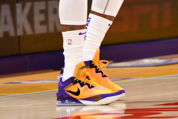 the-sneakers-worn-by-lebron-james-of-the-los-angeles-lakers-during-picture-id1232661364