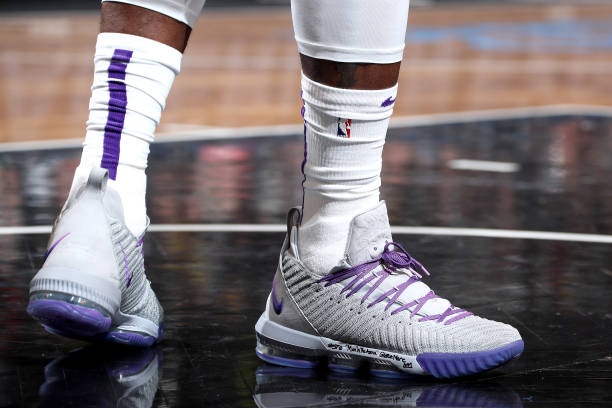 the-sneakers-worn-by-lebron-james-of-the-los-angeles-lakers-against-picture-id1074379908