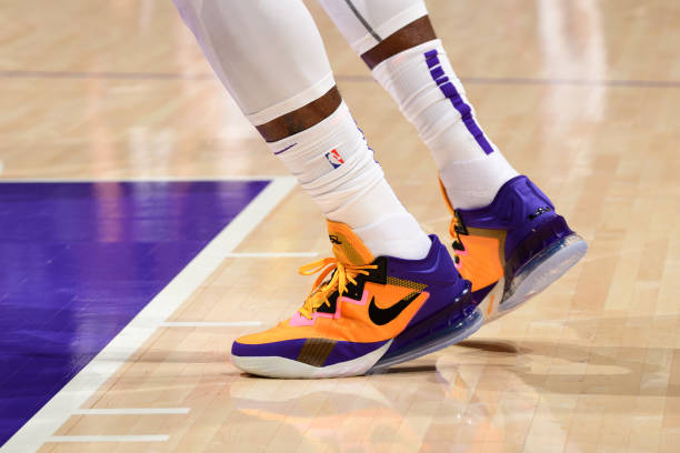the-sneakers-worn-by-lebron-james-of-the-los-angeles-lakers-during-picture-id1232661551