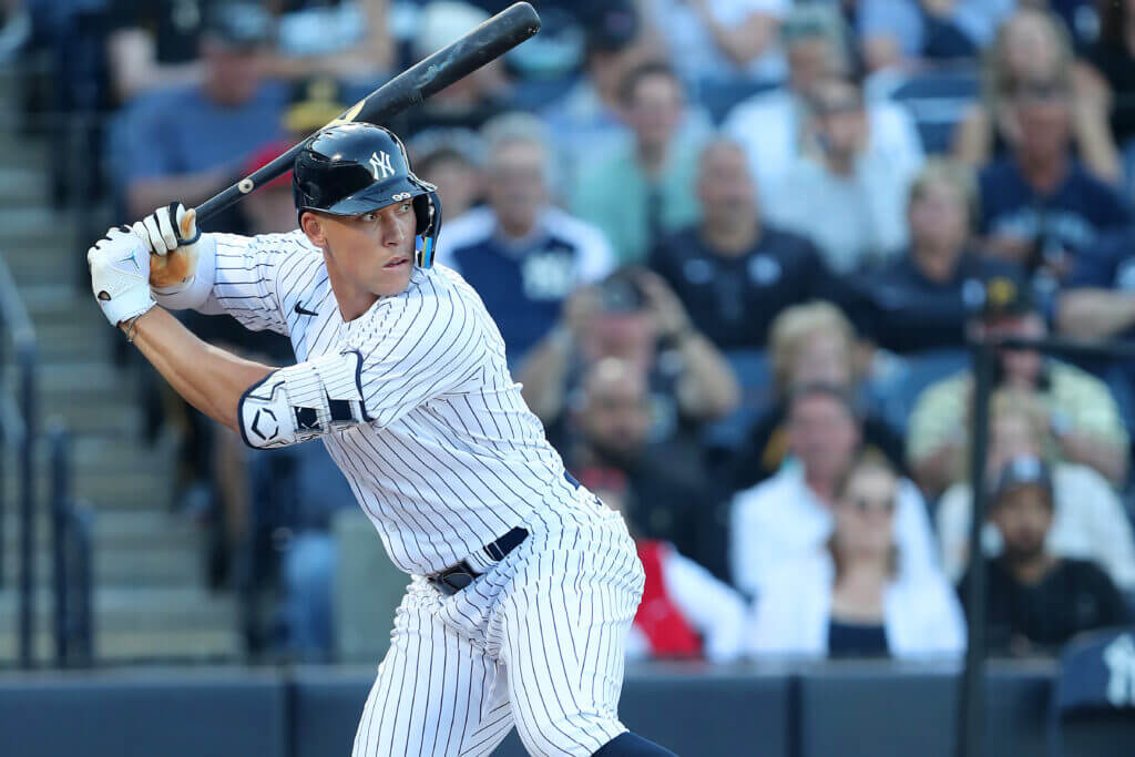 TAMPA, FL - MARCH 16: New York Yankees Outfielder Aaron Judge (99) at bat during the spring training game between the Pittsburgh Pirates and the New York Yankees on March 16, 2023 at George M. Steinbrenner Field in Tampa, FL. (Photo by Cliff Welch/Icon Sportswire via Getty Images)