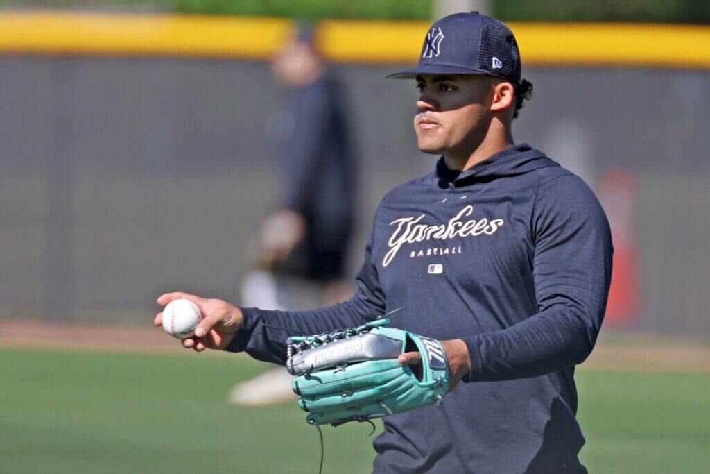 Tampa, FL: New York Yankees Jasson Dominguez practices in the field during spring training in Tampa, Florida on February 14, 2023. (Photo by Thomas A. Ferrara/Newsday RM via Getty Images)