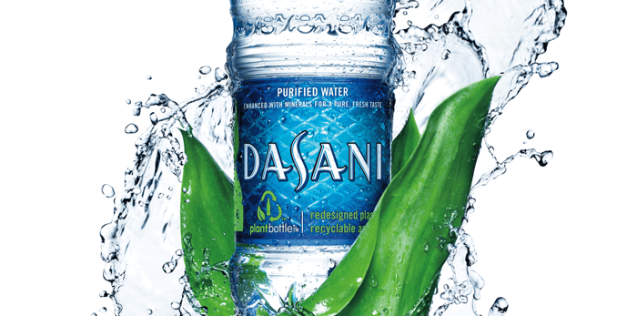 A bottle of Dasani water, with the purified disclosure at the top of the label.