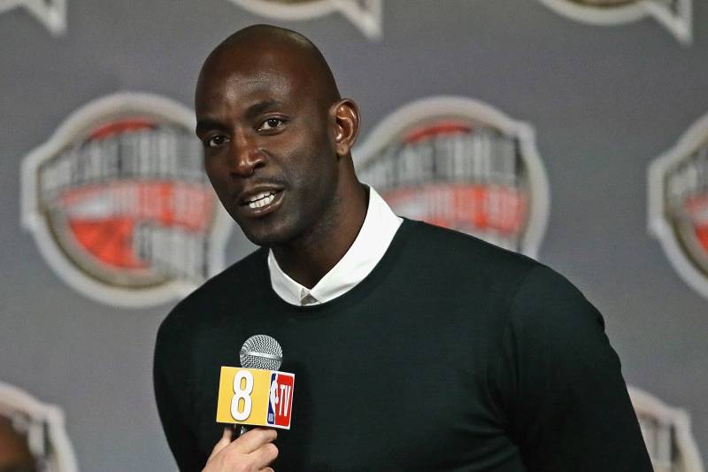 CHICAGO, ILLINOIS - FEBRUARY 14: Kevin Garnett, a finalist for the 2020 Naismith Memorial Basketball Hall of Fame, speaks during a ceremony announcing the finalists at the United Center on February 14, 2020 in Chicago, Illinois. NOTE TO USER: User expressly acknowledges and agrees that, by downloading and or using this photograph, User is consenting to the terms and conditions of the Getty Images License Agreement. (Photo by Jonathan Daniel/Getty Images)