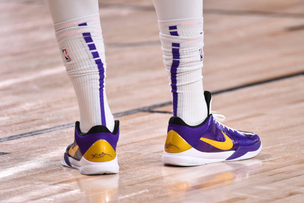 the-sneakers-of-anthony-davis-of-the-los-angeles-lakers-are-worn-a-picture-id1227848098